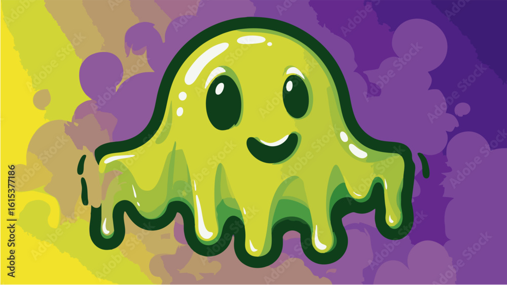 Fototapeta premium A cute cartoon green slime monster with a happy smile. Friendly blob creature illustration on a vibrant abstract background.