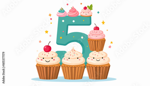 Festive fifth birthday cupcakes; whimsical number five with cheerful cupcake decorations.