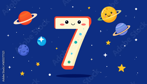 Cute cartoon number seven floats in space among planets and stars.