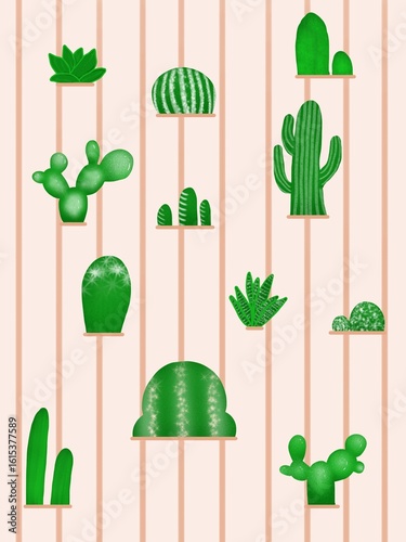 Green Cactus Wallpaper Illustration – Decorative Plant Pattern on Soft Cream Background
