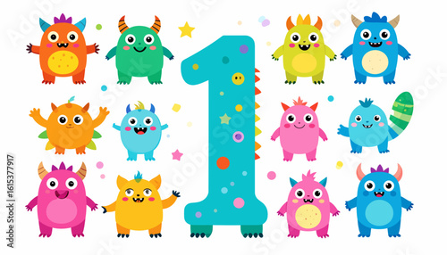 Colorful cartoon monsters surround a large number one, creating a playful and celebratory design.