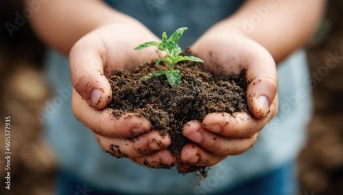 A person's hands cradle a small plant with soil, symbolizing growth, nurture, and environmental care for a sustainable future.