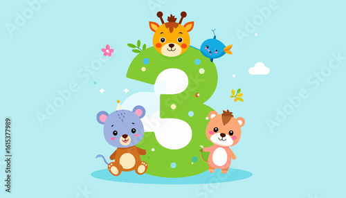 A cartoon number three decorated with animal characters including a giraffe, bird, mouse, and bear on a light blue background.