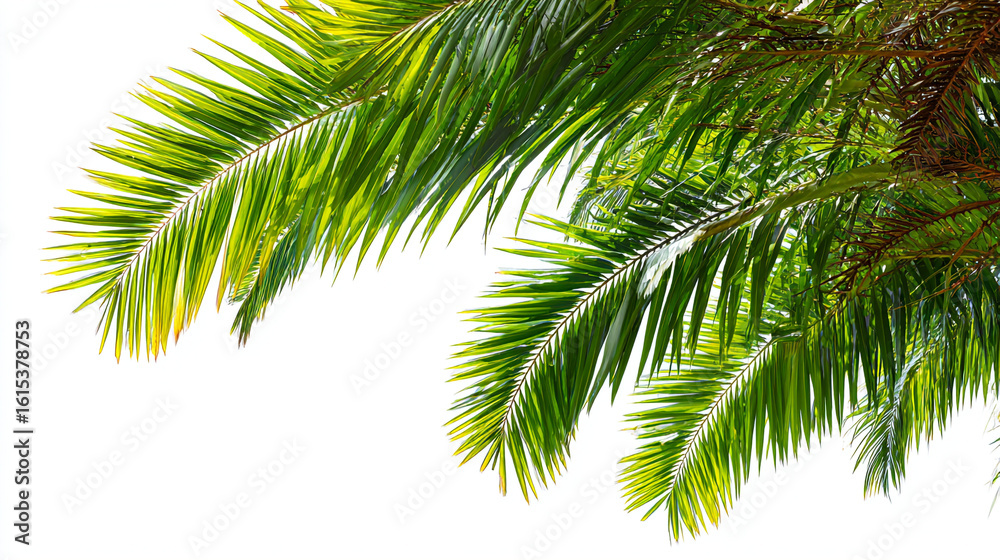 Fototapeta premium Lush green palm fronds against a bright white background in a tropical scene
