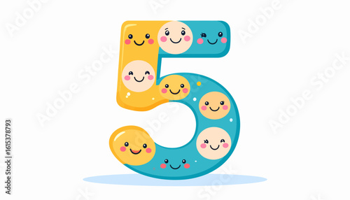 Cheerful Number Five Illustration with Smiling Faces