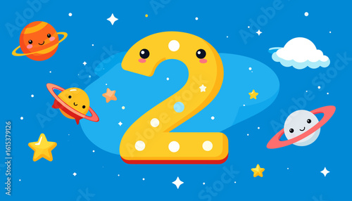 Cartoon illustration of the number two surrounded by planets, stars, and a cloud on a blue background.