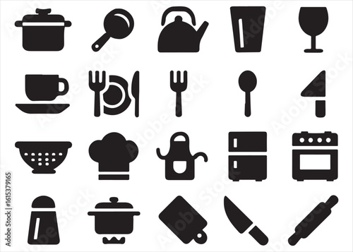 A vector icon set of kitchen tools and food symbols for cooking, including a chef's hat, pot, pan, cup, and glass, in black silhouette