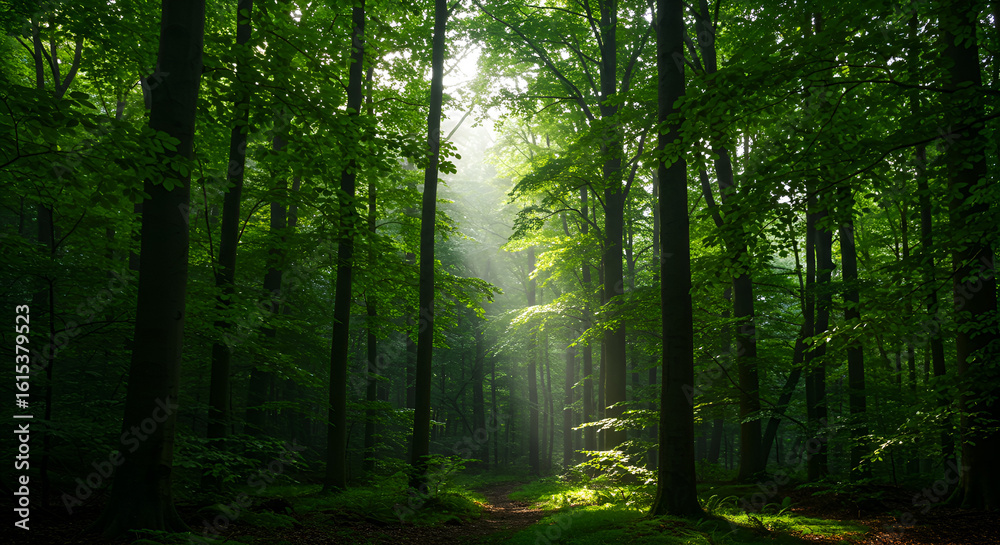 Naklejka premium Sun rays stream through the dense green canopy of a lush forest, illuminating the path below in a serene woodland scene.