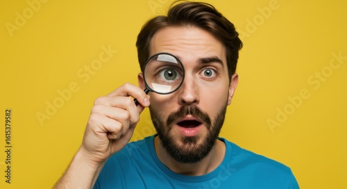 Man with surprised expression looking through a magnifying glass, eye enlarged, against a yellow background.