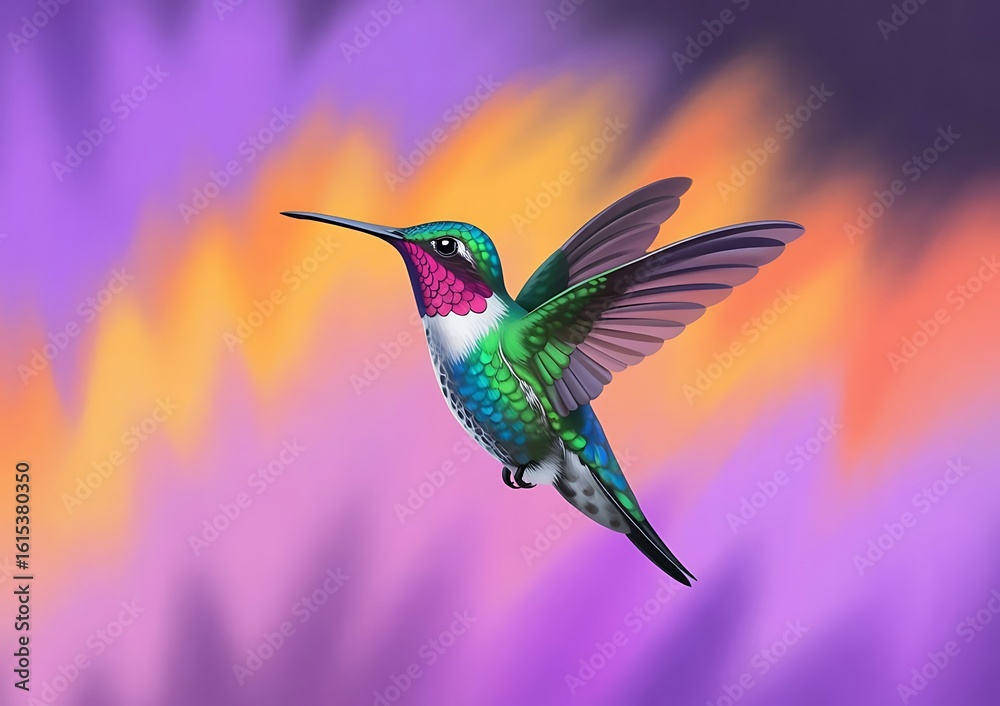 Fototapeta premium A vibrant iridescent hummingbird in flight against a colorful abstract background