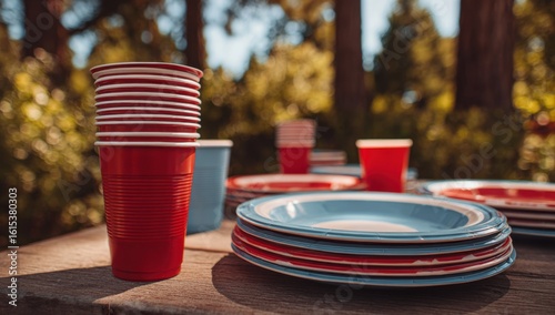 A stack of red plastic cups and plates are set on a wooden table, ready for an outdoor gathering with a blurred background.