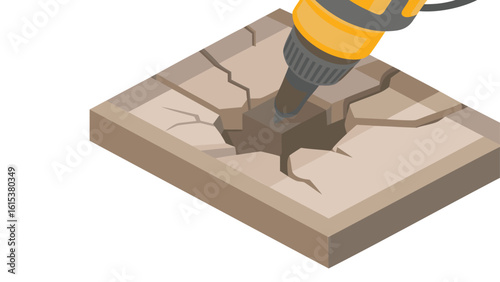 Isometric view of jackhammer breaking a concrete slab with cracks and a hole in the center area