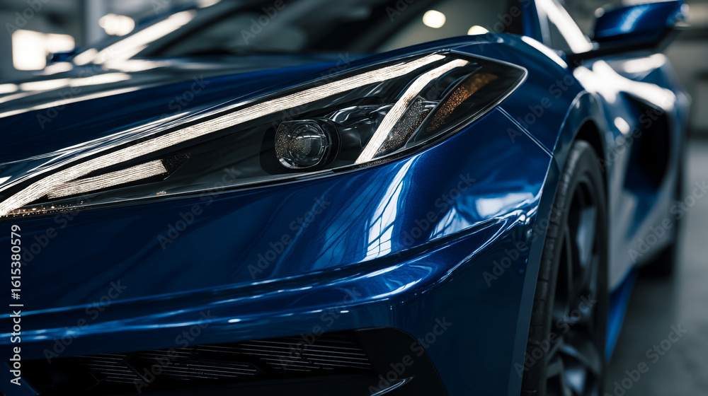 Fototapeta premium Close up of a blue sports car showcasing the headlight and front fender area