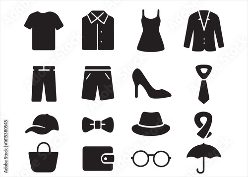 A diverse collection of vector clothing icons, including shirts, dresses, jackets, pants, and shorts, illustrating various fashion styles for men and women