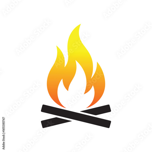 Black silhouette of a campfire with orange and yellow flames on a white background wood heat