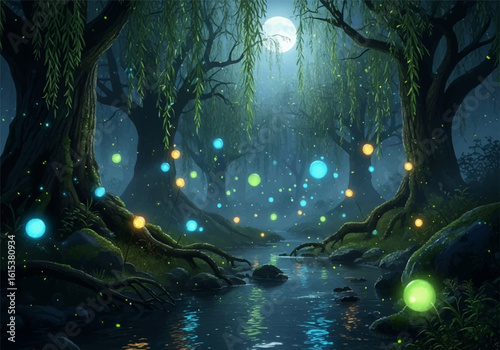 Mystical Forest Stream Illuminated by Magical Fireflies