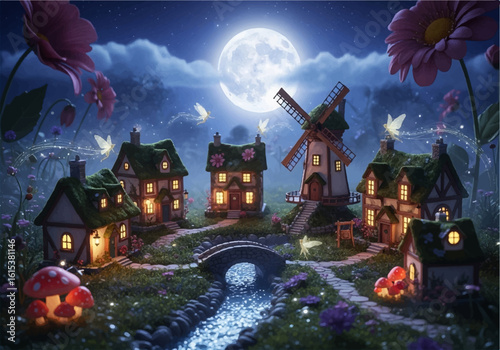 Magical Fairy Village Under the Moonlight