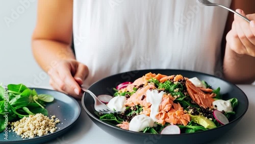 A person enjoys a healthy and delicious salmon salad with fresh ingredients. the focus is on fresh, vibrant food, showcasing the art of healthy eating and balanced meals.
