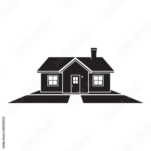 Black silhouette of a simple house with a chimney and windows home building