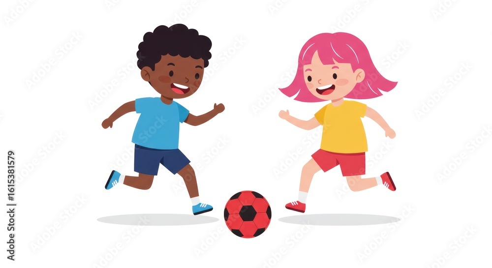 Two children, one with dark skin, the other with pink hair, playing soccer. Two children, one with dark skin, the other with pink hair, playing soccer.