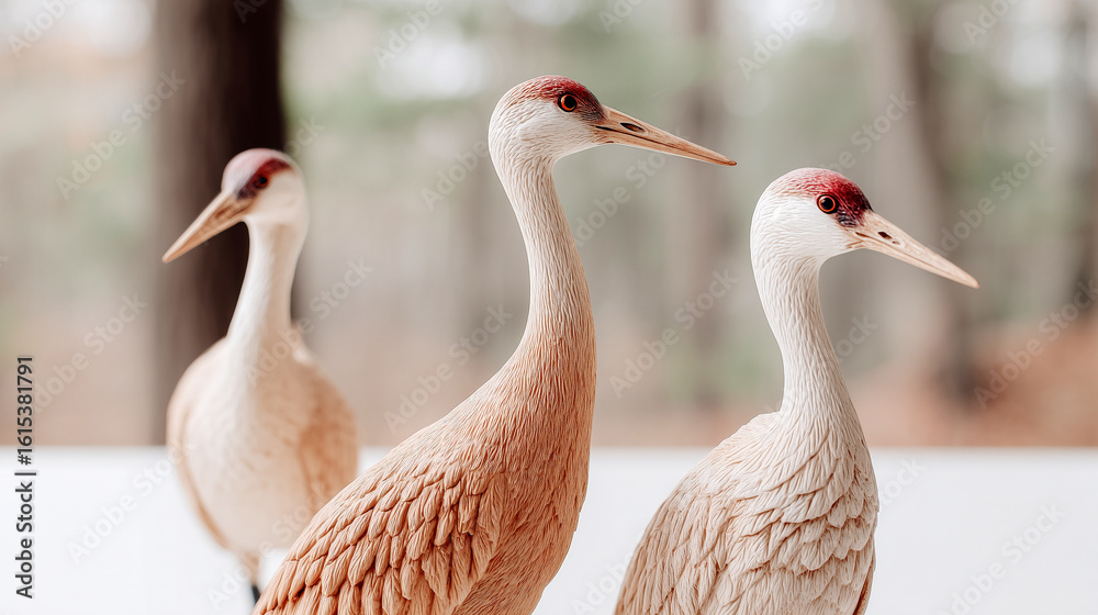 Obraz premium diorama of closeup of three sandhill cranes in a forest