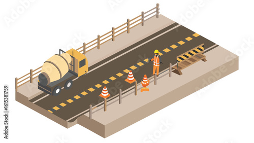 Isometric view of a road construction scene with a cement truck and a construction worker present on site