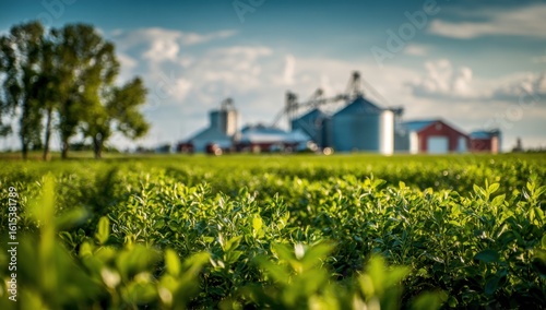 A vibrant green field of crops stretches towards a farm with silos and buildings under a bright, clear sky, creating a peaceful rural scene.