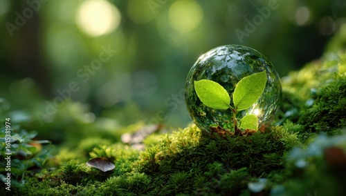 A vibrant green sprout emerges from a bed of moss, encased within a crystal sphere, symbolizing growth and environmental harmony.