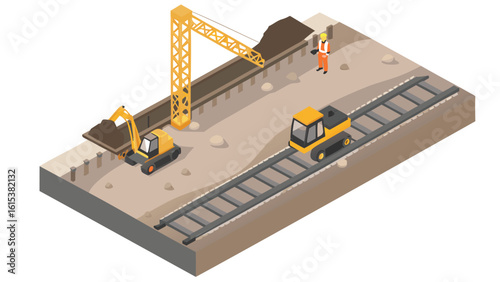 Isometric construction site scene featuring heavy machinery and a worker overseeing the project