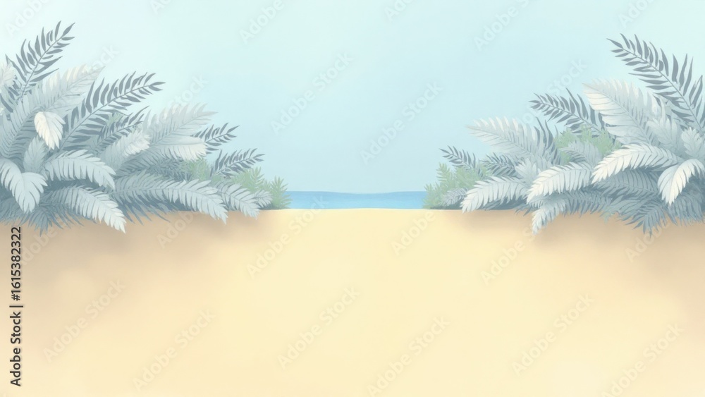 Fototapeta premium Tropical beach path leading to the ocean with lush green foliage framing the view