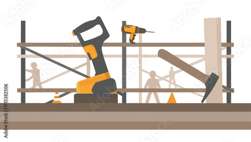 Construction site with scaffolding, drill, jackhammer, hammer and safety cones in a flat design style