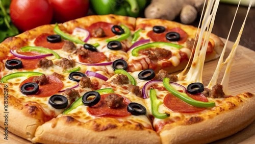 A mouthwatering, photorealistic pizza is artfully composed of various toppings. A slice of pizza is being lifted to show off the stringy melted cheese.