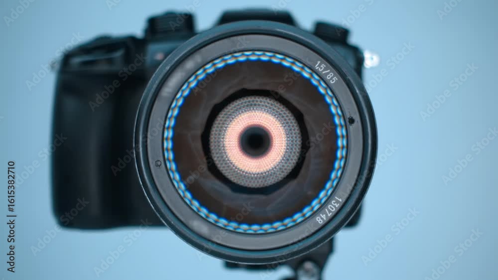 A professional camera on a tripod with an expensive lens with an aperture of 1.5 and a focal length of 85 mm, which reflects the ring LED light. Closeup. Macro. Shallow depth of field. Shot in motion