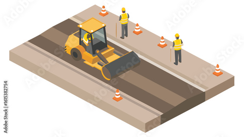 Isometric illustration of road construction with steamroller and workers wearing safety vests and hard hats