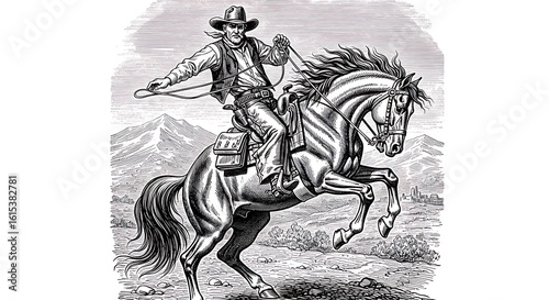 Detailed vintage illustration of a cowboy riding a rearing horse in western landscape shows wild