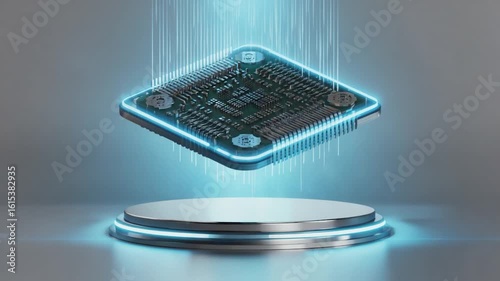 High-tech circuit board on a glowing pedestal