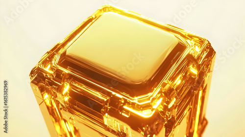 Golden, cubic, high-tech object, polished smooth surface, intricate design.  Detailed geometric structure, showcasing luxurious, radiant gold