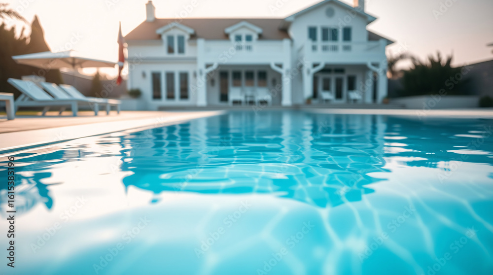 Fototapeta premium A luxurious mansion with an illuminated pool reflecting lights during the evening.