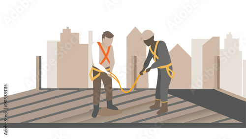 Two construction workers on a rooftop wearing safety harnesses and holding a rope in a city setting
