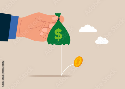 Hand holding hold empty money bag. Broke human. No dollar coins. Modern flat vector illustration