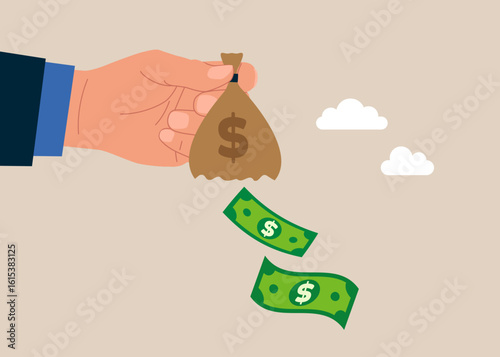 Hand holding hold empty money bag. Broke human. No dollar money. Modern flat vector illustration