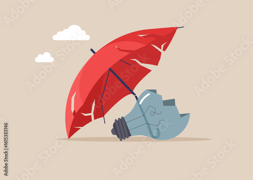 Broken light bulb under a broken umbrella. Fail to success, aspiration and effort to invent new innovation, learn from mistake. Flat vector illustration