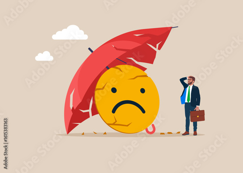 Frustrated businessman standing looking at broken wicked emoji under a broken umbrella. Manage blame, pressure, failure or mistake.  Negative reviews, bad reputation, low ratings. Vector illustration