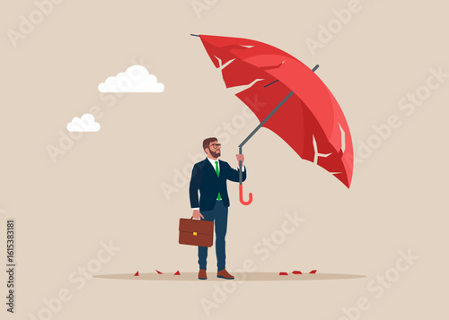 Frustrated businessman standing looking under a broken umbrella. Fail to success, aspiration and effort to invent new innovation, learn from mistake. Protection during crisis and problems. Vector