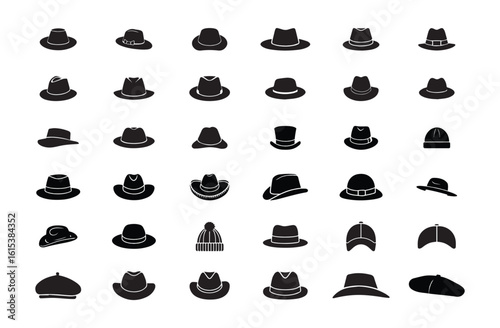 Hats icons set, female and male headwear, derby and cowboy, cap, panama and cylinder. Headdress collection in various model stylish, vintage and modern. Vector illustration.