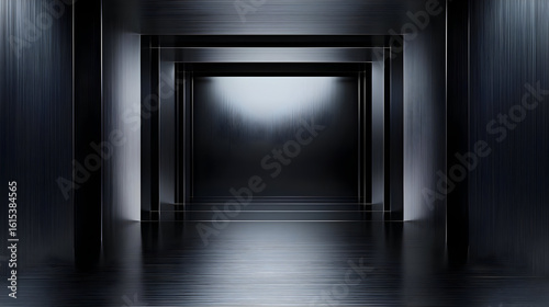 Dark, sleek hallway with recessed lighting.  Dark, metallic walls, floor, and square framed openings create a spacious, modern, and minimalist corridor.  Gentle light illuminates the space