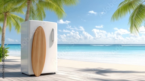 A refrigerator on a beach with a surfboard leaning against it