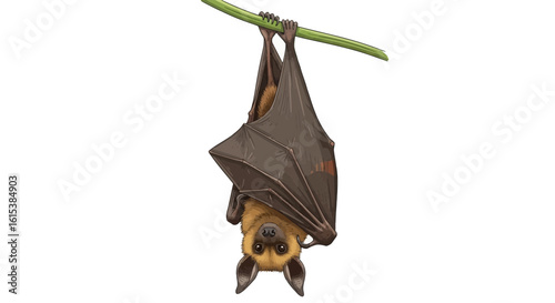Fruit Bat Hanging Upside Down Vector Illustration on White