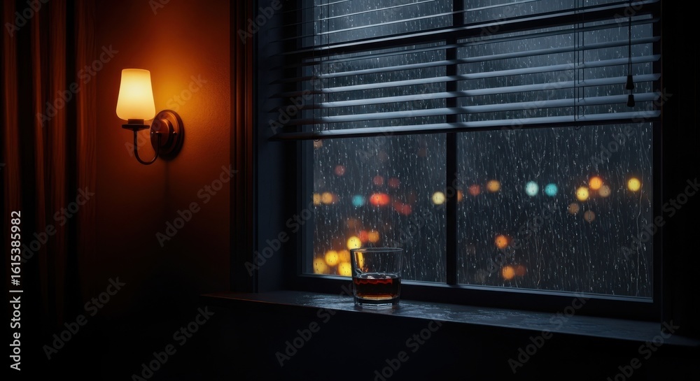 Fototapeta premium Rainy Night City View Through a Window with a Drink