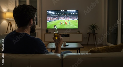 A man watches a sports game on television while relaxing at home.